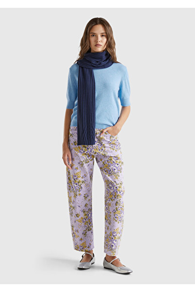 United Colors of Benetton Pulover de damă, albastru deschis, 100% merino, cu mânecă scurtă, cu guler rotund