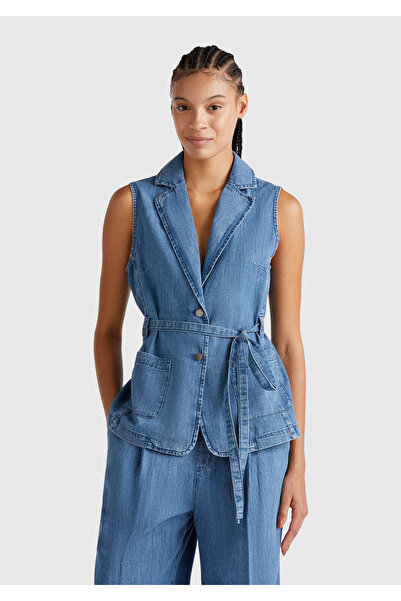 United Colors of Benetton Жіночий жилет з відкритим синім конопляним в'язанням, що зав'язується на талії