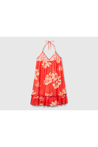 United Colors of Benetton Γυναικείο πορτοκαλί φόρεμα με πλισέ λαιμόκοψη με 100% βισκόζη