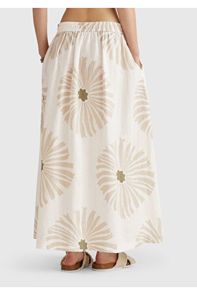 United Colors of Benetton Women's Cream 100% Linen Patterned Long Dress with Elastic Waist