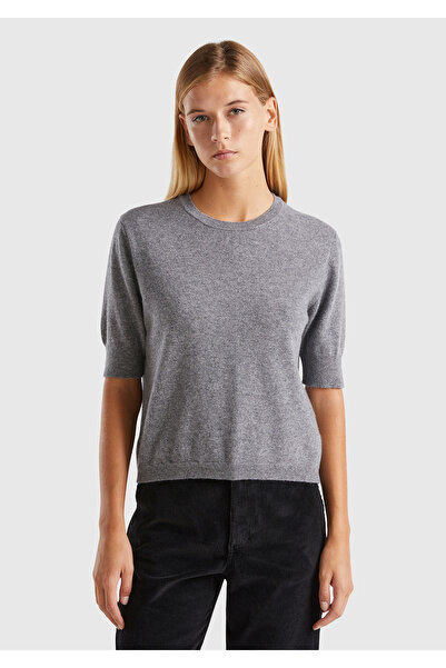 United Colors of Benetton Women's anthracite melange 100% merino crew neck short sleeve sweater
