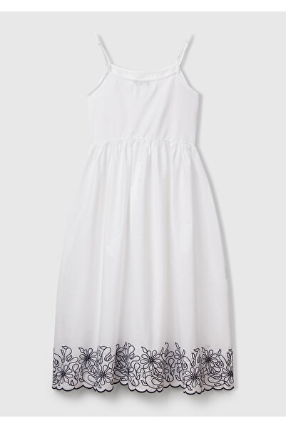 United Colors of Benetton Γυναικείο Λευκό 100% Κοτόνι Κρεμαστό Φόρεμα Midi μήκους με κεντημένη άκρη