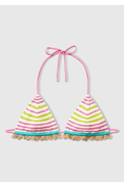 United Colors of Benetton Women's Pink Mix Striped Multicolor Knitwear Triangle Bikini Top