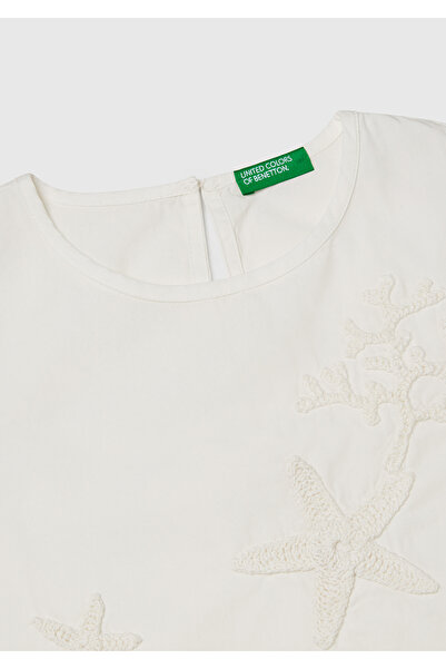 United Colors of Benetton Κοριτσίστικο Λευκό Κέντημα Μπροστά Κουμπί Πίσω Μουσελίνα Αμάνικο Μπλουζάκι