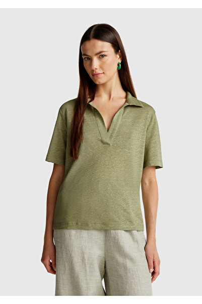United Colors of Benetton Women's Sage Green 100% Linen Polo Neck T-Shirt
