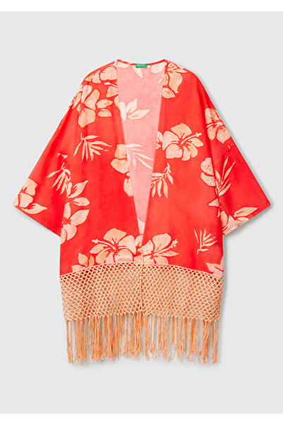 United Colors of Benetton Γυναικείο πορτοκαλί βαμβακερό και βισκοζέ με μοτίβο φούντα με λεπτομέρεια κιμονό