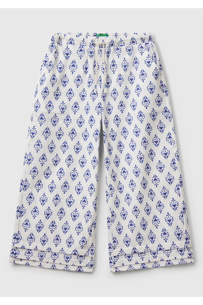 United Colors of Benetton Girl's Blue Patterned Drawstring Wide Leg Trousers