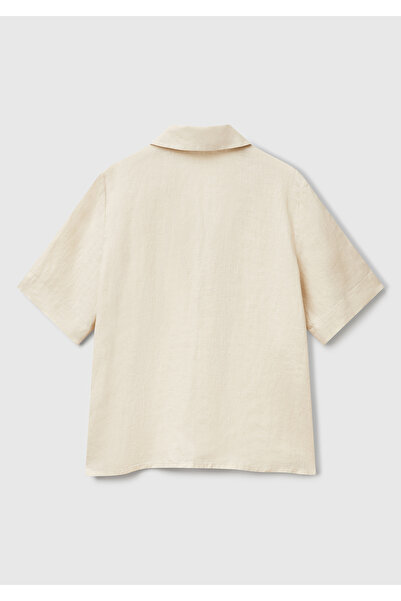 United Colors of Benetton Kadın Taş Rengi %100 Keten Relax Fit V Gömlek Yakalı Kısa Kollu Bluz