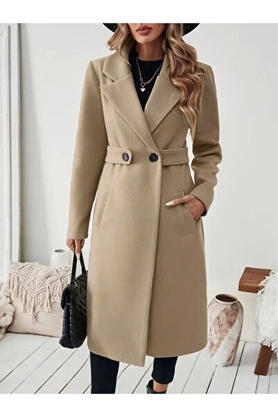 HanZone Női hosszú ujjú, galléros, csíkos derékrészű, gombos, részletes zsebekkel ellátott mini kabát