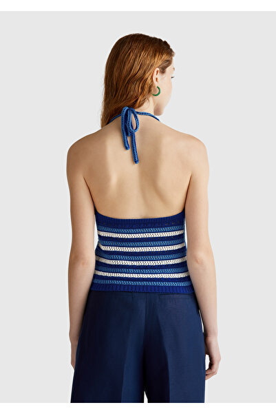 United Colors of Benetton Tricotaj de damă, albastru, amestecat de bumbac, cu gât cu șalț