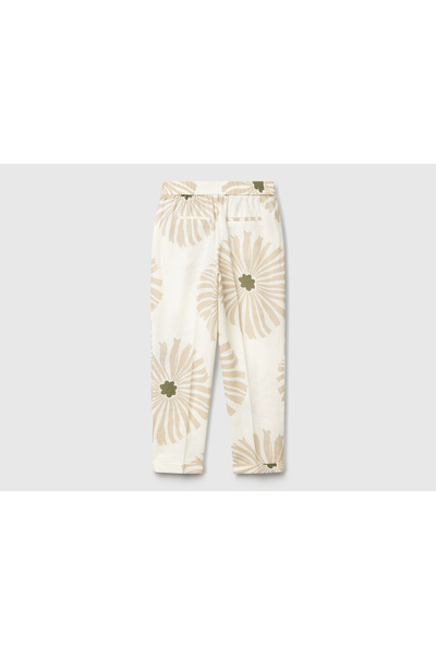 United Colors of Benetton Women's Cream 100% Linen Patterned Elastic Waist Trousers