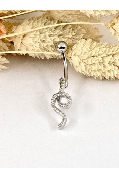 Siya Silver Zirkon Taşlı Çelik Yılan Figürlü Göbek Piercingi - 3,5 cm