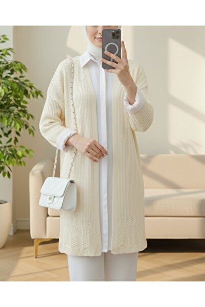 Modamorfo Skirt Patterned Openwork Cardigan -Stone