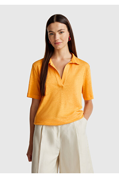 United Colors of Benetton Women's Yellow 100% Linen Polo Neck T-Shirt