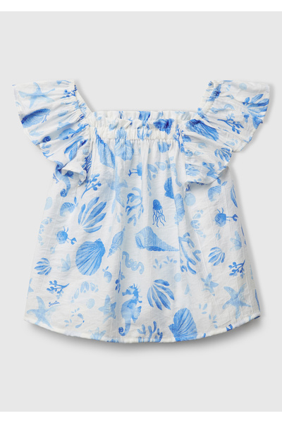 United Colors of Benetton Top cu bretele de umăr, cu imprimeu, albastru, vâscos, pentru fete