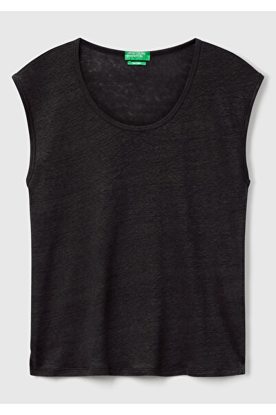 United Colors of Benetton Women's Black 100% Linen Relax Fit Round Neck T-Shirt with Side Slits