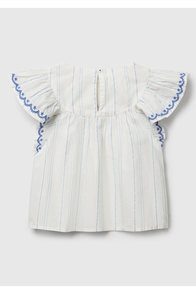 United Colors of Benetton Kız Çocuk Beyaz Çizgili Kolu ve Önü Nakışlı Hafif Kloş Kısa Kollu Gömlek