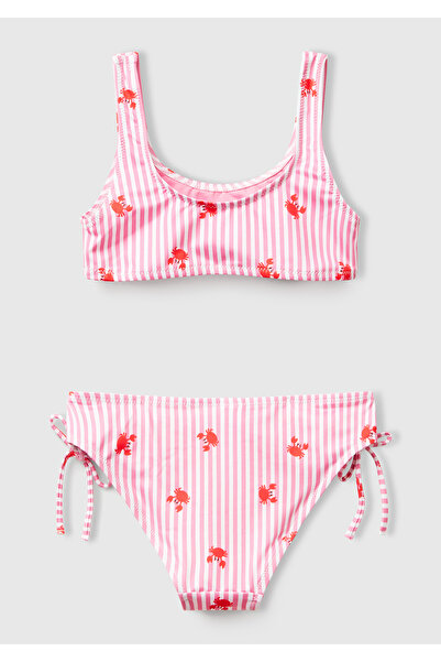 United Colors of Benetton Girl's Pink Patterned Round Neck Side Drawstring Bikini Set