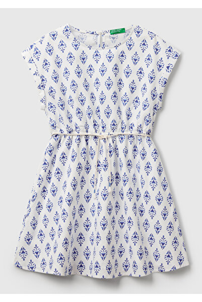 United Colors of Benetton Rochie cu mânecă scurtă pentru fetiță, cu model albastru, cu talie elastică