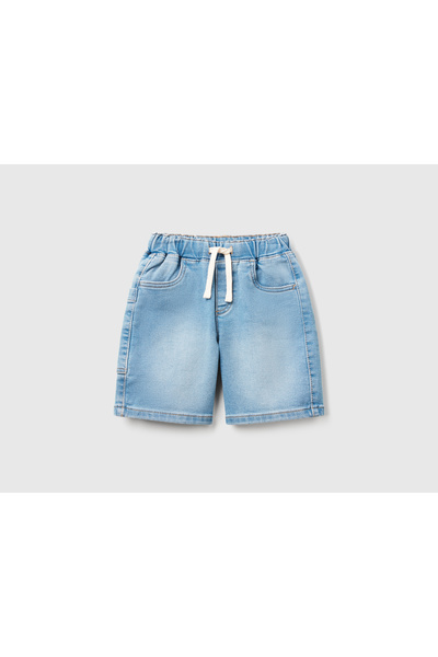 United Colors of Benetton Erkek Çocuk Açık Denim Yan Cebi Logo İşlemeli Büzgü İpli Denim Bermuda Şort