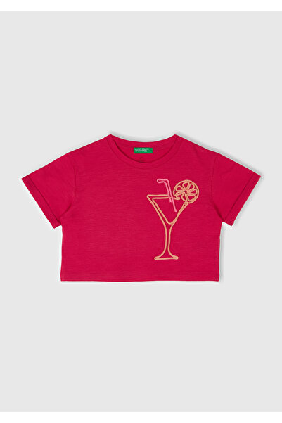 United Colors of Benetton Tricou crop cu decolteu cu broderie fucsia pentru fete