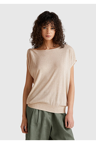 United Colors of Benetton Women's Stone Color Linen Blended Asymmetrical Sleeveless Sweater