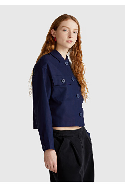 United Colors of Benetton Women's Navy Blue Linen Blended Jacket