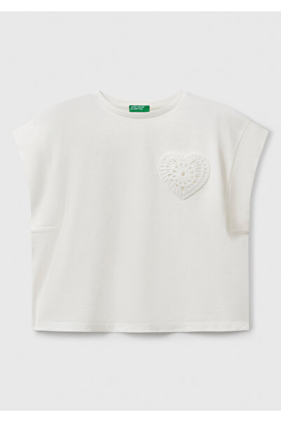 United Colors of Benetton Κοριτσίστικο μπλουζάκι με κεντημένο μακραμέ μπροστά και τυπωμένο λογότυπο στην πλάτη