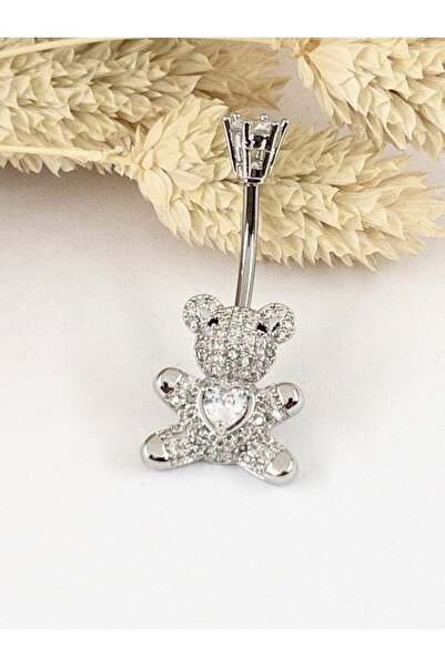 Siya Silver Zirkon Taşlı Ayıcık Figürlü Çelik Göbek Piercingi - 3,5 cm