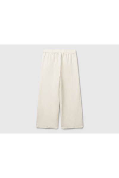 United Colors of Benetton Women's Stone Color 100% Linen Loose Short Leg Trousers with Elastic Waist