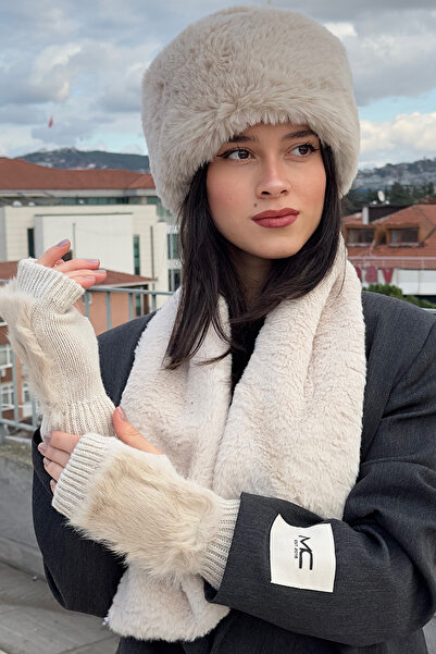 Mavelle Women's Beige Hat & Scarf & Gloves Set |   Faux Fur Kalpak Ushanka Set