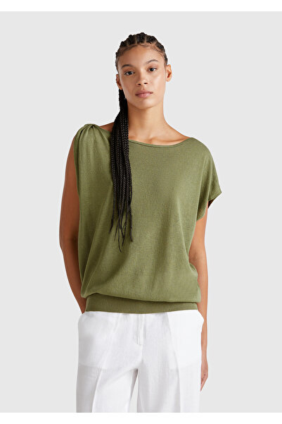 United Colors of Benetton Women's Sage Green Linen Blend Asymmetrical Sleeveless Sweater