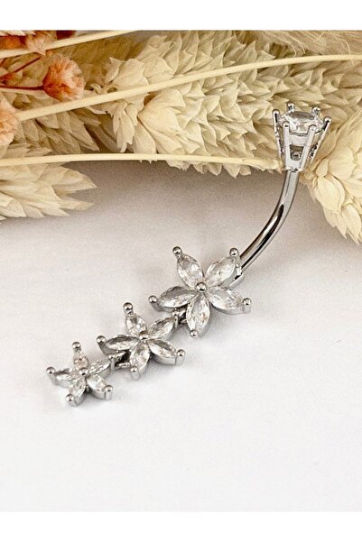 Siya Silver Zirkon Taşlı 3 Sıralı Çiçek Çelik Göbek Piercingi - 4,5 cm