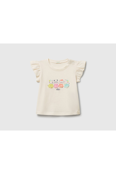 United Colors of Benetton Baby Ecru Logo Labelled Crew Neck T-Shirt with Ruffle Detail on Sleeves