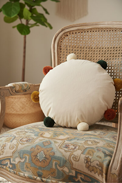 Markaev Cream Colorful Pompom Round Throw Pillow Cover