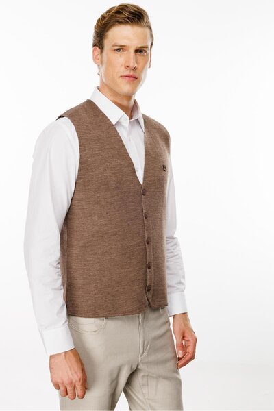 Desen Triko Мъжки вълнен елек с V-образно деколте - кафяв