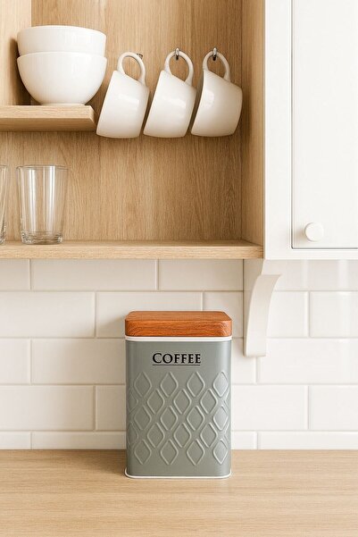Arma House Wooden Look Metal Lid 1 Piece Seersucker Gray Coffee Storage Box & Jar 17*11*8 cm