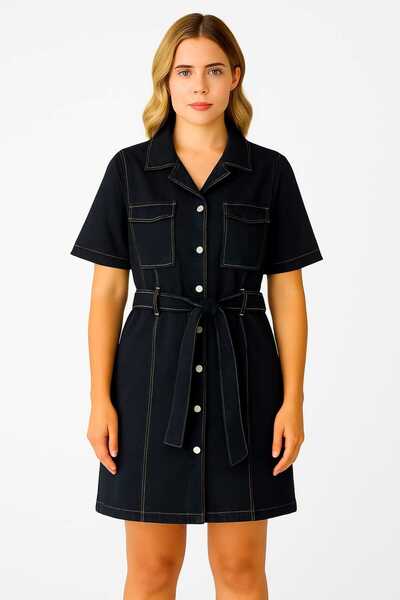 Şans Γυναικείο φόρεμα μεγάλου μεγέθους μαύρο, υφασμάτινο τζιν που πλένεται, διπλές τσέπες, κοντομάνικο τζιν φόρεμα 65N39155