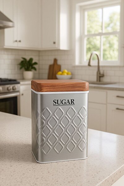 Arma House 1 Piece Seersucker Gray Candy Storage Box & Jar with Wooden Look Metal Lid 17*11*8 cm