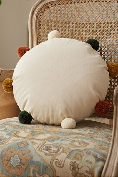 Markaev Cream Colorful Pompom Round Throw Pillow Cover
