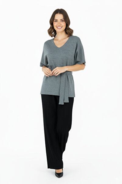 Oppland Women's Winter V-Neck Belted Waist Half Sleeve Lycra Woven Knitwear Shirt Top Sweater