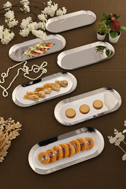 AKSESUAR EVRENİ Barel Stainless Oval Presentation Tray Set of 6