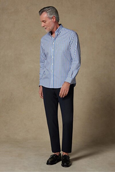 Abbate Aldomar Armür Pamuklu Comfort Fit Açık Mavi Düğmeli Yaka Erkek Kareli Gömlek