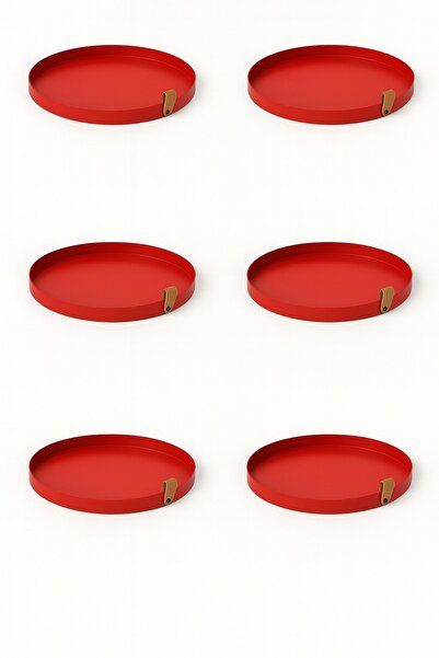 hemlife 6-Piece 25 cm Metal Round Tea, Coffee, Serving Tray with Leather Handles Decorative Presentation Tray