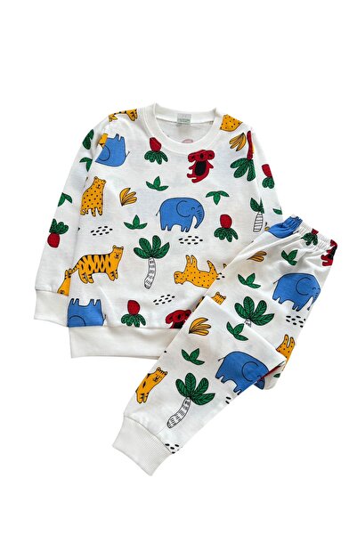 Şekerkids Boy's Cotton White Color Animal Pattern Seasonal Pajama Set