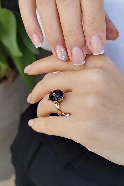 Utku Kuyumculuk 14 Ayar Ametist Kristal Taşlı El Yapımı Altın Yüzük