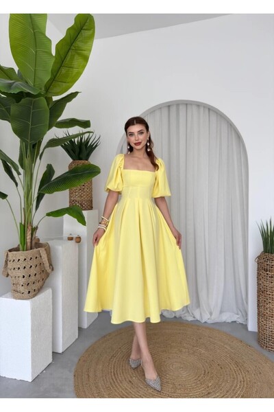 Femistik Kare Yaka Pileli Balon Kol Kloş Kesim Midi Elbise