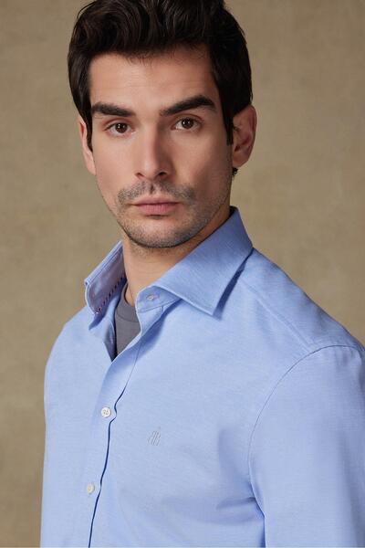 Abbate Рико Джърси памучна смес Комфортна кройка Светлосиня Класическа яка Мъжка едноцветна риза