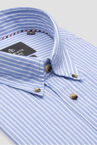 Abbate Alba Лляна бавовняна суміш Comfort Fit Синя сорочка з ґудзиками та коміром для чоловіків