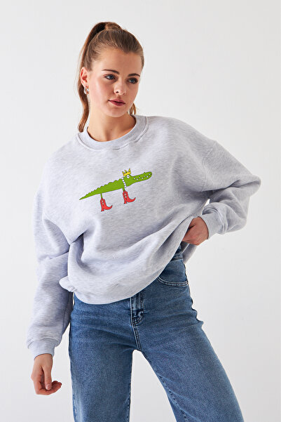 Disante Hanorac oversize pentru femei cu imprimeu crocodil – decolteu crew, f...